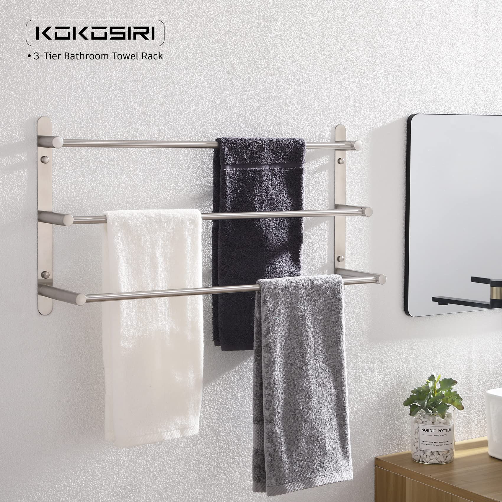 KOKOSIRI Bath Towel Bars Stainless Steel Bathroom 3-Tiers Ladder Towel Rack Wall Mount Towels Shelves  Brushed Nickel  B5002BR